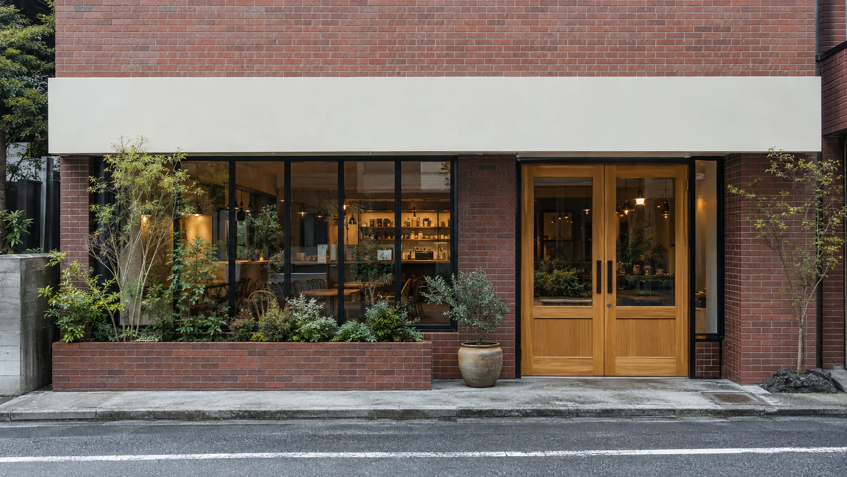レンガと木製ドアのカフェ外観のデザインイメージ（生成画像）